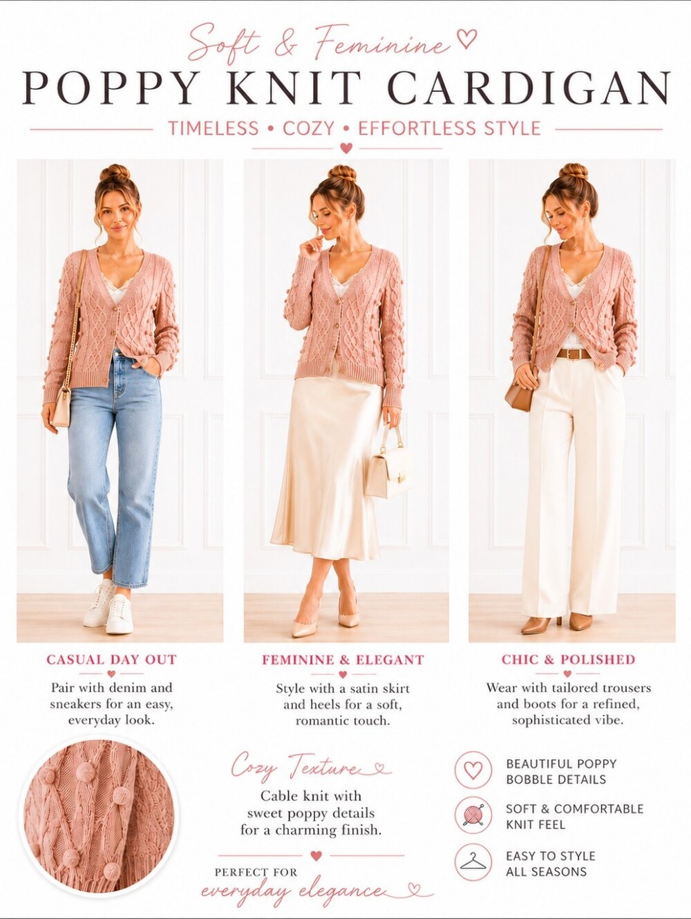 Blu Pepper Blush Pink Cable Knit Bobble Cardigan Size Small Soft Feminine - Picture 3 of 8
